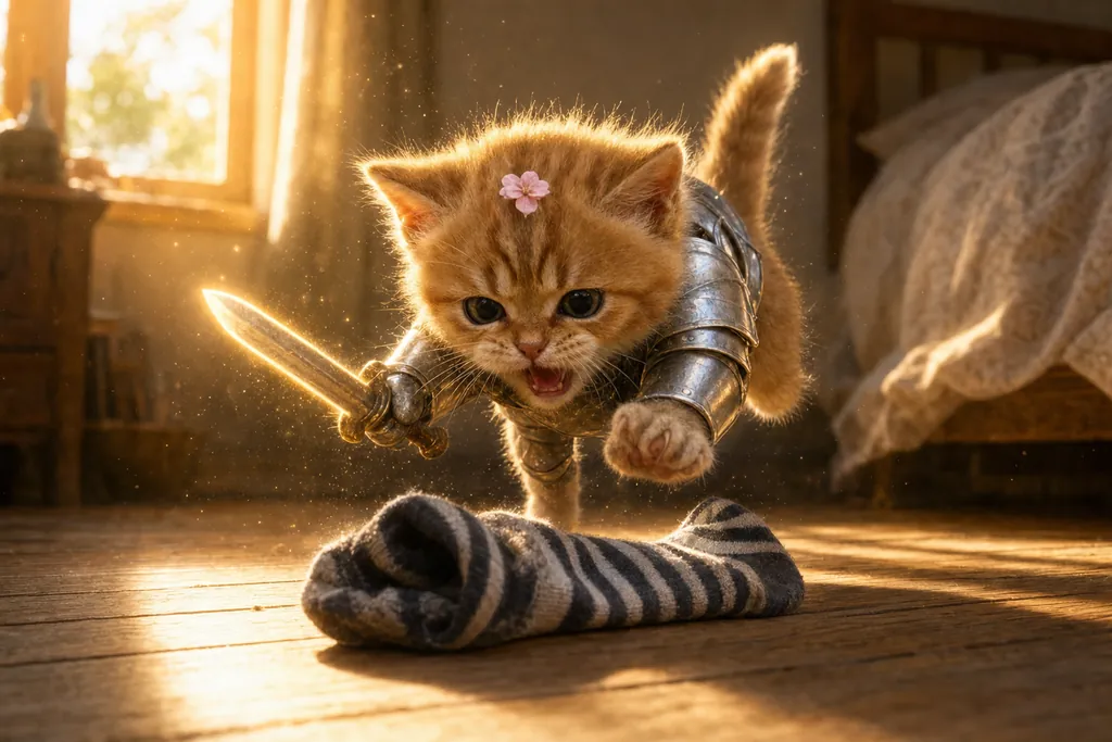 The kitten mid-pounce onto a striped sock on a wooden floor, sword raised